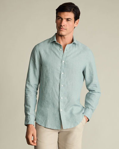חולצת פשתן טורקיז בהיר קלאסיק פיט - Pale teal green pure linen classic fit shirt