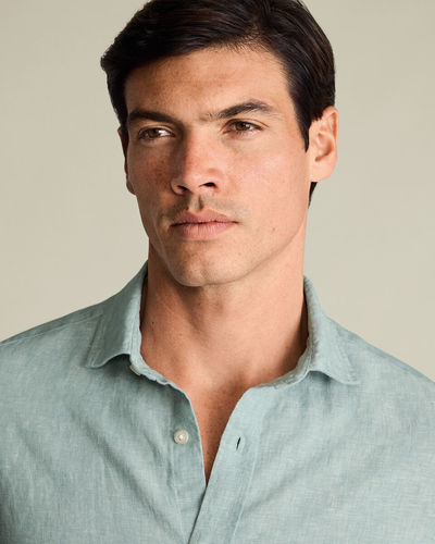 חולצת פשתן טורקיז בהיר קלאסיק פיט - Pale teal green pure linen classic fit shirt