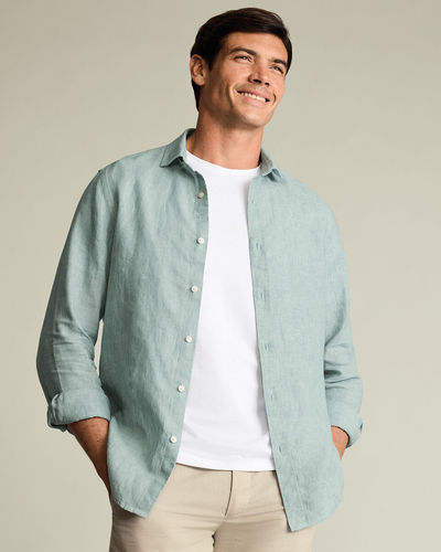 חולצת פשתן טורקיז בהיר קלאסיק פיט - Pale teal green pure linen classic fit shirt