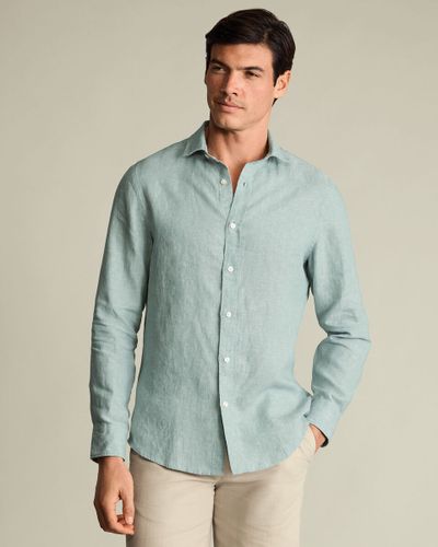 חולצת פשתן טורקיז בהיר סלים פיט - Pale teal green pure linen Slim fit shirt