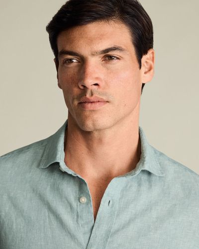 חולצת פשתן טורקיז בהיר סלים פיט - Pale teal green pure linen Slim fit shirt
