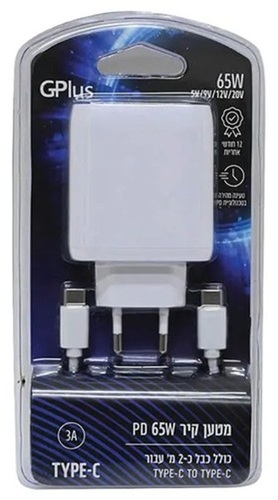 מטען קיר Type-C PD 65W כולל כבל Type-C