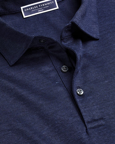 חולצת פולו נייבי מפשתן - Navy blue short sleeve linen polo 