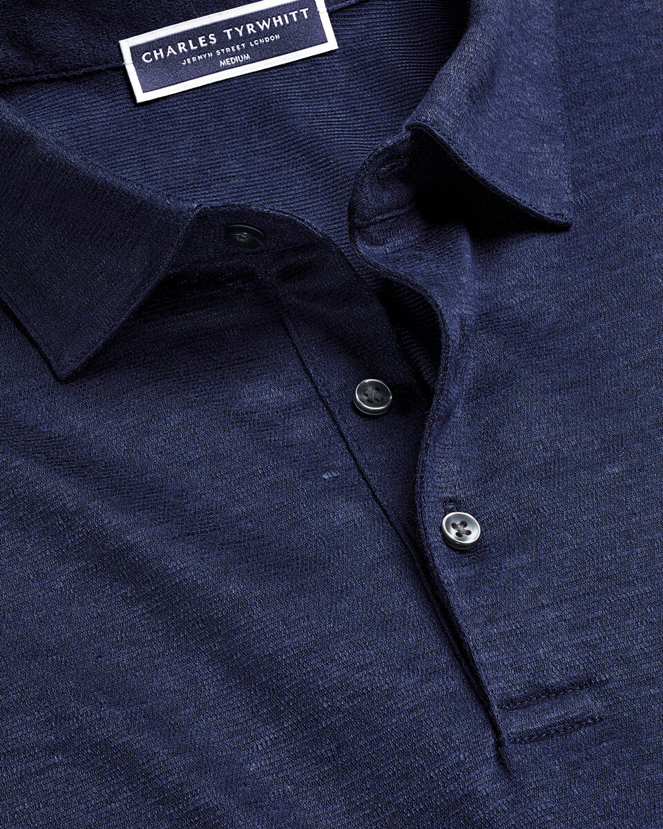 חולצת פולו נייבי מפשתן - Navy blue short sleeve linen polo 
