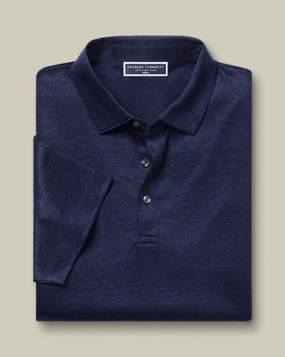 חולצת פולו נייבי מפשתן - Navy blue short sleeve linen polo 