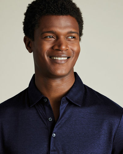 חולצת פולו נייבי מפשתן - Navy blue short sleeve linen polo 