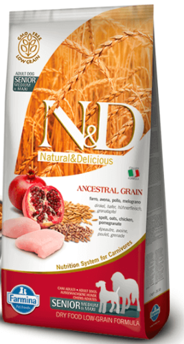 נטורל אנד דלישס -Natural&Delicious - מזון יבש לכלב מבוגר מגזע קטן ובינוני- SENIOR MEDIUM & MAXI -עוף ורימון - שק של 12 ק