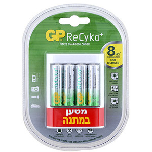 מטען USB + רביעיית סוללות GP ReCyko AA C4