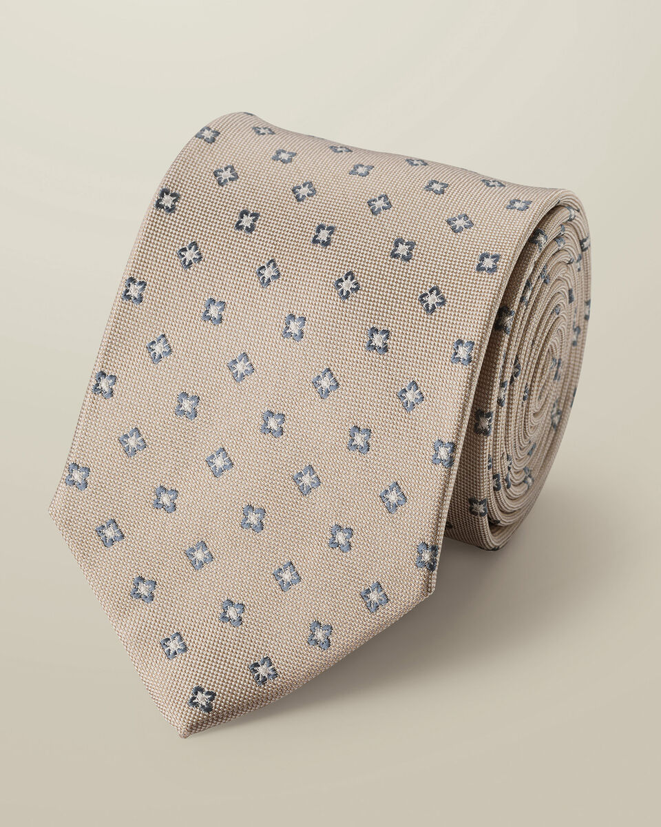 עניבה - Ivory geo silk patterned tie