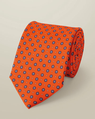 עניבה - Orange silk print tie
