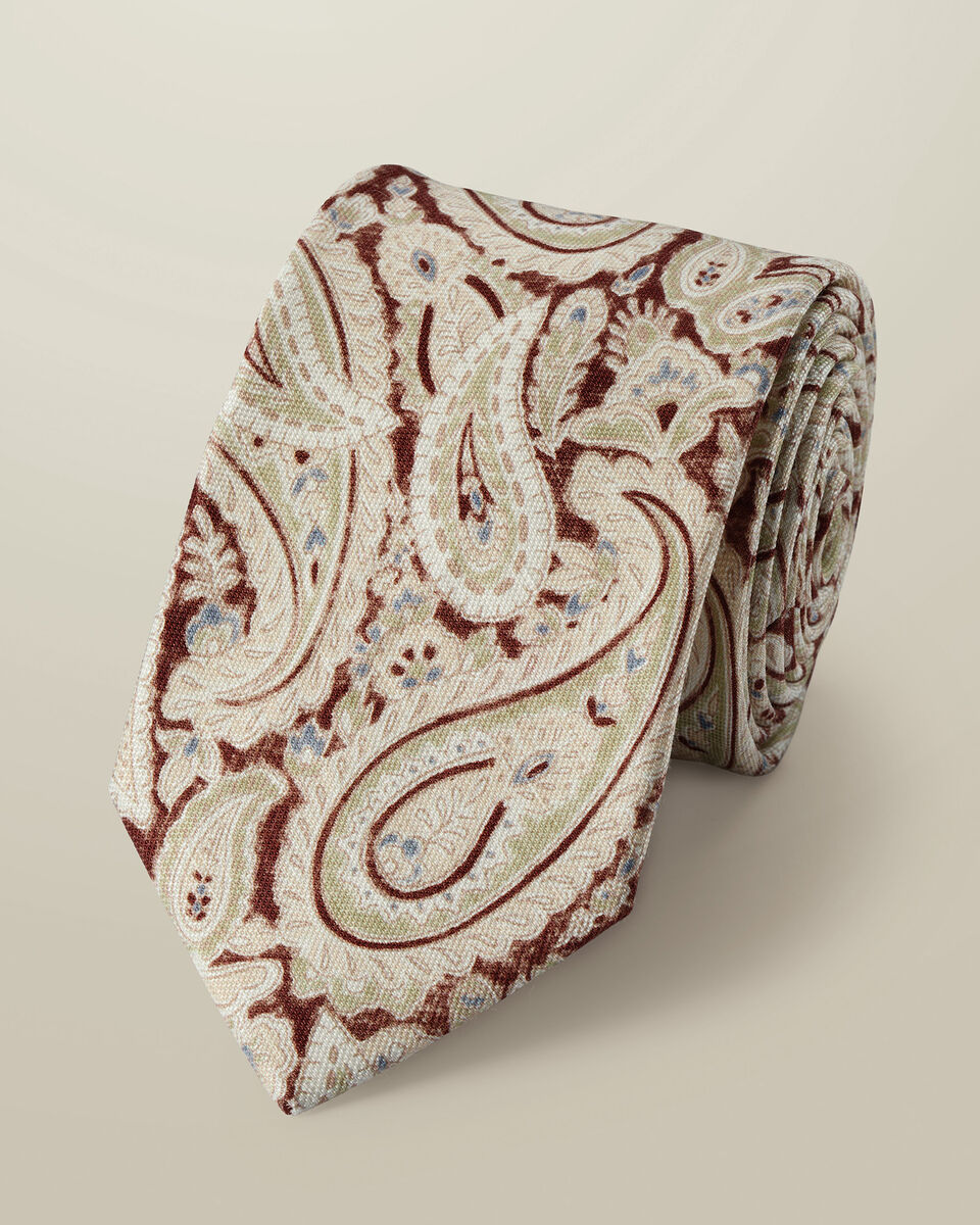 עניבה יוקרתית Stone and brown linen silk paisley tie