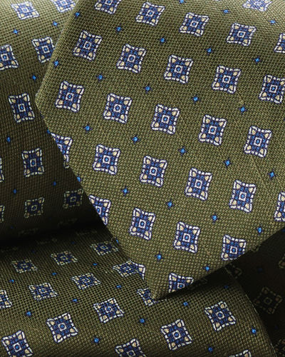 עניבה יוקרתית Moss green and blue linen silk geo tie