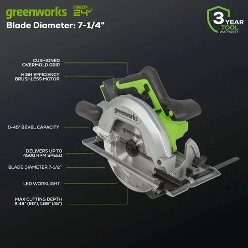 מסור דיסק נטען Greenworks CRD401 עם מנוע Brushless עוצמתי, עומק חיתוך עד 63 מ