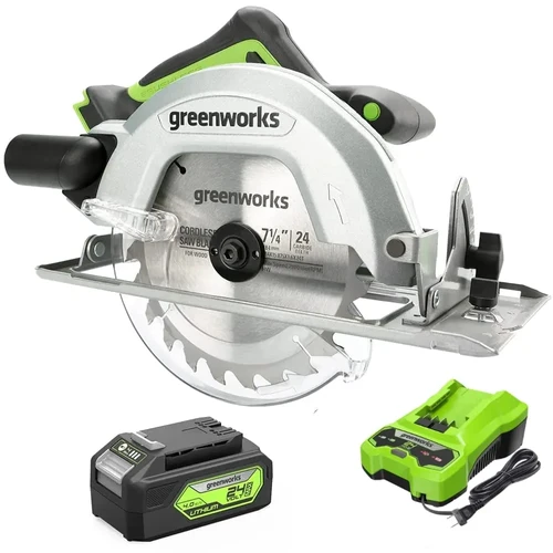 מסור עגול נטען Greenworks CRD401 עם סוללת 4Ah ומטען - ערכה מלאה לחיתוך מקצועי