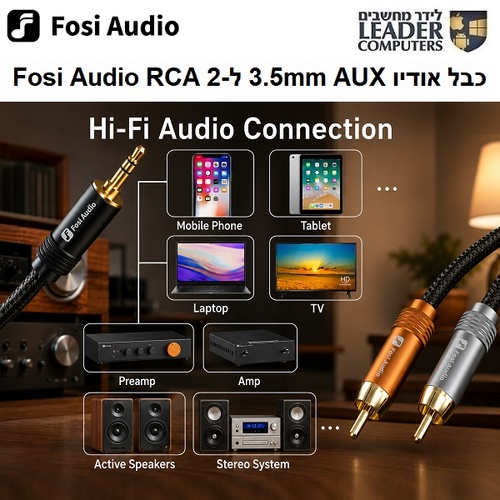 Fosi Audio כבל אודיו 3.5mm AUX ל-2 RCA סטריאו איכותי למגבר, רסיבר ומערכת שמע