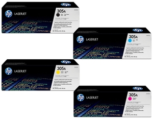 סט 4 טונרים מקוריים HP 305A CE410A + CE411A + CE412A + CE413A (תפוקת דפים בשחור 2,200 דף, בצבע 2,600 דף )