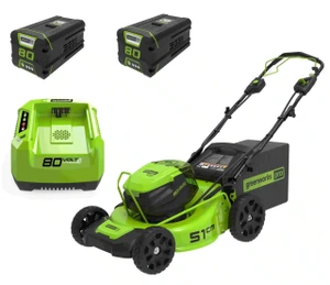 מכסחת דשא נטענת 80V PRO רוחב כיסוח 51 ס"מ הנעה עצמית  Dual Port – עם תא סוללות כפול + 2 סוללות 2.0Ah ומטען מהיר דגם GLM801602 greenworks