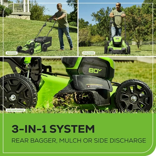 מכסחת דשא נטענת Greenworks 80V עם מערכת כיסוח 3 ב-1 הכוללת איסוף לסל, מולצ'ינג ופליטה צידית להתאמה מושלמת לכל סוגי המדשאות ותנאי העבודה