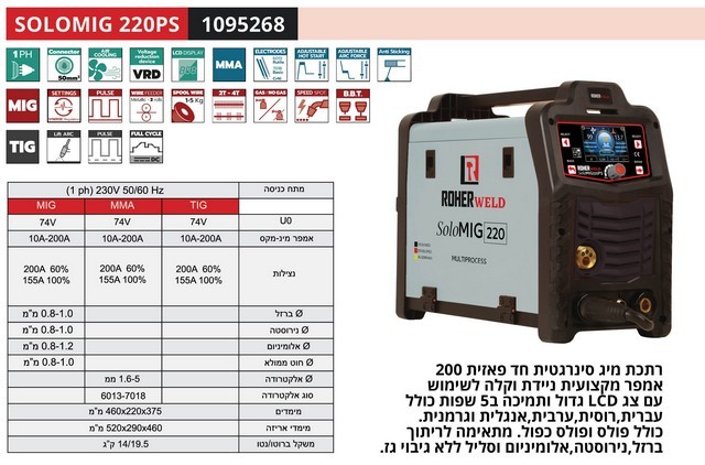 רתכת MIG אינוורטר דיגיטלית 200A לריתוך אלומיניום - 1095268 גם ריתוך ROHER TOOLS CO2
