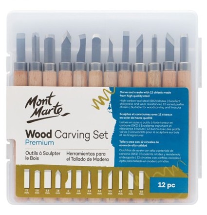 סט סכיני גילוף בעץ Mont Marte Premium – ערכת 12 חלקים