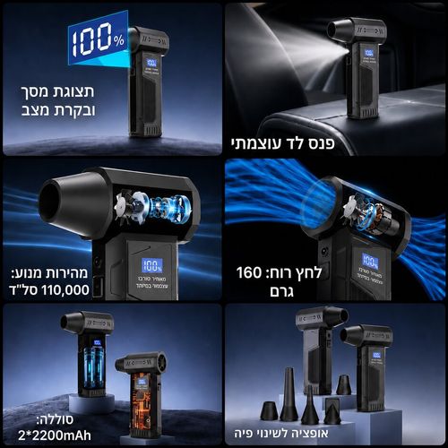 מפוח טורבו אלחוטי נטען עם 4 מהירויות ופנס LED