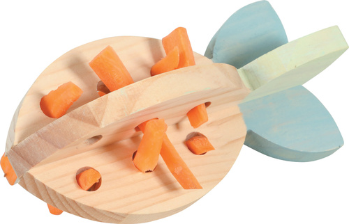 מחזיק חטיפים מעץ COSY בצורת גזר, המיועד לארנבים, שרקנים ומכרסמים קטנים.  COSY WOOD CARROT TREAT HOLDER