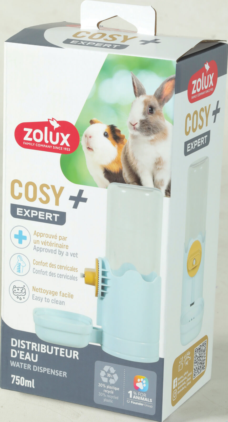 מתקן מים COSY בצבע כחול/ירוק בנפח 750מ"ל, המיועד לארנבים, שרקנים ומכרסמים קטנים. COSY INOX PLAST BOWL 