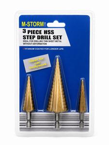 סט 3 מקדחים מדורגים HSS מצופים טיטניום M-STORM