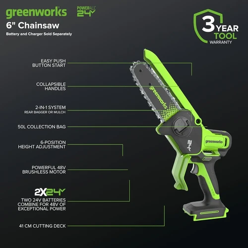 מיני מסור שרשרת נטען Greenworks 24V עם להב 6 אינץ', מנוע Brushless מתקדם, הפעלה נוחה ביד אחת ועיצוב ארגונומי לגיזום מדויק ויעיל.