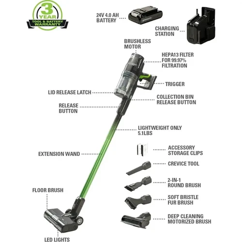 שואב אבק אלחוטי Greenworks 24V עם מנוע Brushless, סוללת 4Ah, מסנן HEPA 13, מוט הארכה ואביזרי ניקוי שונים לרצפה, חריצים, ריפודים ושיער בעלי חיים
