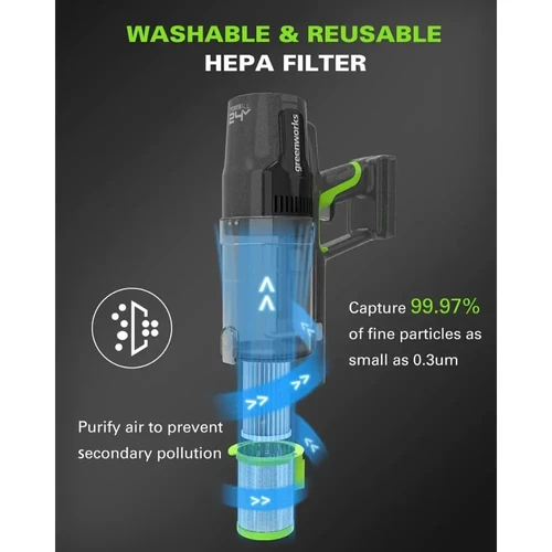 שואב אבק Greenworks 24V עם מסנן HEPA רחיץ וניתן לשימוש חוזר, סינון 99.97% מחלקיקים זעירים בגודל 0.3 מיקרון לשמירה על אוויר נקי ובריא בבית