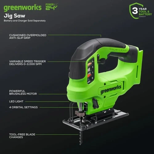 מסור אנכי Greenworks JS24B340 24V Brushless עם 4 מצבי אורביטל, תאורת LED, מהירות משתנה עד 3,000 תנודות לדקה ואחיזה ארגונומית נגד החלקה.