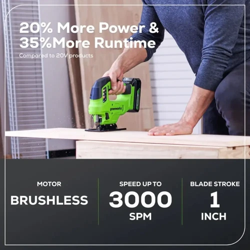 מסור אנכי נטען Greenworks JS24B340 24V Brushless עם 4 מצבי אורביטל המאפשרים התאמה מושלמת לחיתוך עץ, סנדוויץ', פלסטיק ומתכת בדיוק מרבי