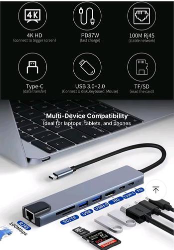 מתאם 8 ב 1 מ TYPE C ל רשת ו USB ו HDMI ו טייפ סי וכרטיסי זיכרון