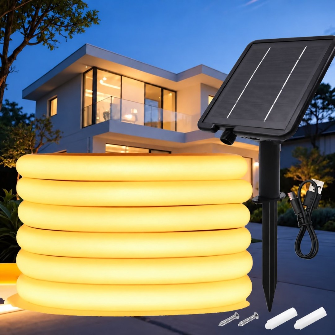 פס לד ניאון COB סולארי 10 מטר לבן חם עם שלט ו-USB