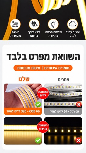 פס לד ניאון COB סולארי 10 מטר לבן חם עם שלט ו-USB