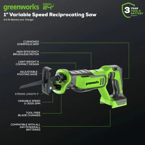 מסור חרב נטען Greenworks PA238K Brushless 24V עם מנוע ללא פחמים, מהירות משתנה עד 3,000 מהלכים לדקה, החלפת להב מהירה ללא כלים ובסיס מתכוונן לחיתוך מדויק ונוח