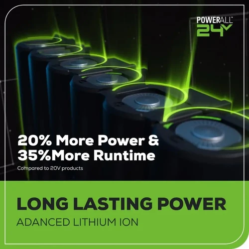 מערכת ניהול סוללה חכמה Greenworks Intelligent Power המנטרת את צריכת האנרגיה, מגינה על הסוללה ומספקת עד 20% יותר עוצמה ועד 35% יותר זמן עבודה לעומת מערכות 20V מקבילות