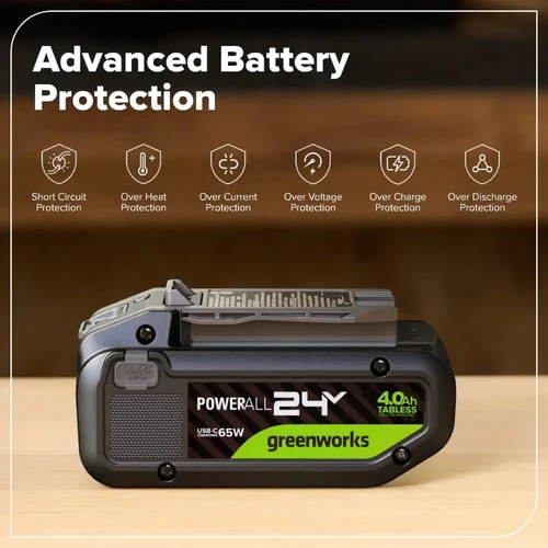 סוללת Greenworks POWERALL 24V בטכנולוגיית TABLESS כוללת מערכות הגנה מתקדמות מפני קצר, התחממות יתר, עומס, מתח גבוה, טעינת יתר ופריקת יתר.