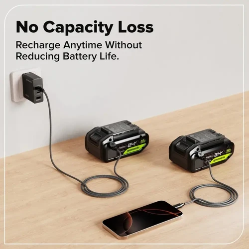 סוללת Greenworks POWERALL 24V נטענת באמצעות USB-C ומאפשרת טעינה מהירה ללא פגיעה בביצועי הסוללה או באורך חייה לאורך זמן.