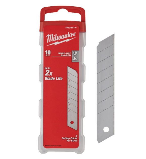 סט להבי סכין יפנית Milwaukee Snap Blades כסף 18 מ״מ 10 יחידות דגם 4932480107