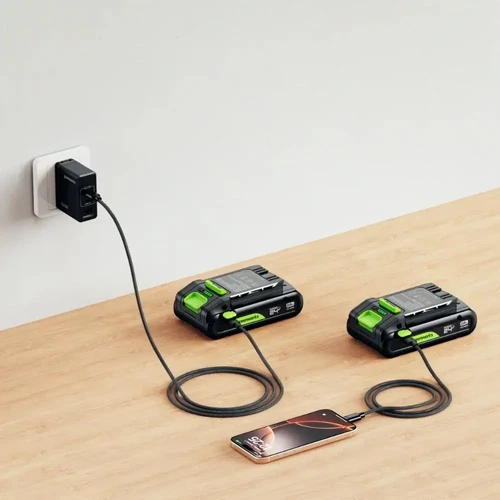 סוללות Greenworks POWERALL 24V נטענות באמצעות חיבור USB-C מהיר ומאפשרות טעינת מכשירים ניידים ללא פגיעה בביצועי הסוללה.