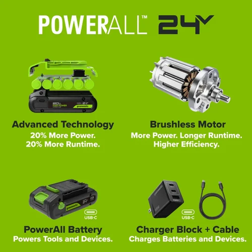 סוללת Greenworks POWERALL 24V עם טכנולוגיה מתקדמת מספקת יותר עוצמה, זמן עבודה ארוך יותר וטעינה נוחה באמצעות חיבור USB-C למכשירים ולסוללות.