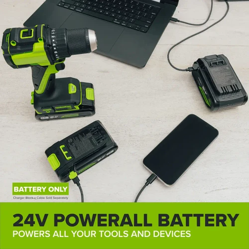 סוללת Greenworks POWERALL 24V מפעילה כלי עבודה נטענים ומאפשרת טעינת סמארטפונים, טאבלטים ומכשירים נוספים באמצעות יציאת USB-C דו-כיוונית