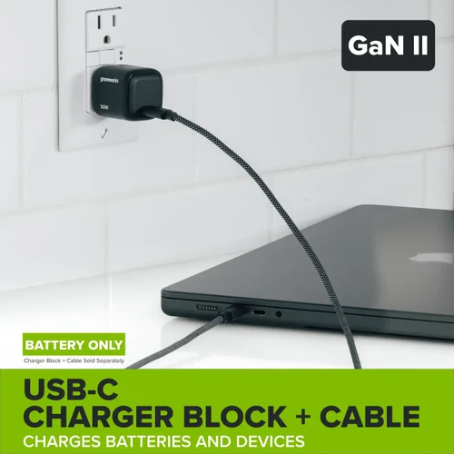 מטען USB-C מהיר Greenworks בטכנולוגיית GaN II מאפשר טעינה יעילה של סוללות POWERALL 24V ומכשירים ניידים תוך חיסכון במקום ובזמן טעינה