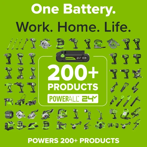 סוללת Greenworks POWERALL 24V תואמת ליותר מ-200 כלי עבודה, גינון ותחזוקה ומאפשרת עבודה עם סוללה אחת במגוון רחב של יישומים.