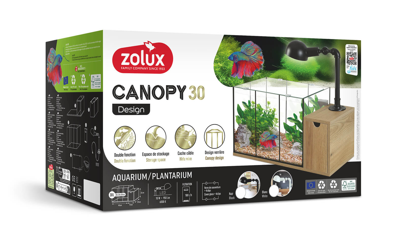 זולוקס אקווריום בעיצוב יחודי לבן/שחור CANOPY 30L BLACK 