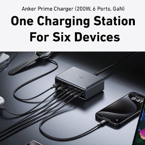 עמדת טעינה עוצמתית 6 יציאות Anker Prime Charger 200W 6 Ports GaN A2683