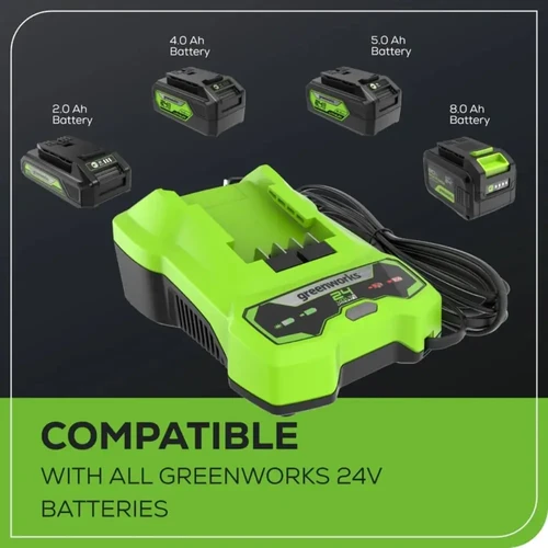 מטען 24V Greenworks בהספק 2 אמפר עם נוריות חיווי מובנות, מתאים לטעינת סוללות 2Ah, 4Ah, 5Ah ו-8Ah מסדרת POWERALL 24V.