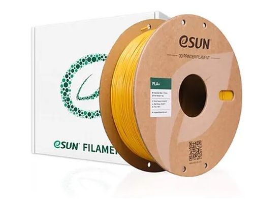 גליל פילמנט eSUN PLA+ זהב למדפסת תלת־ממד לצד אריזת eSUN